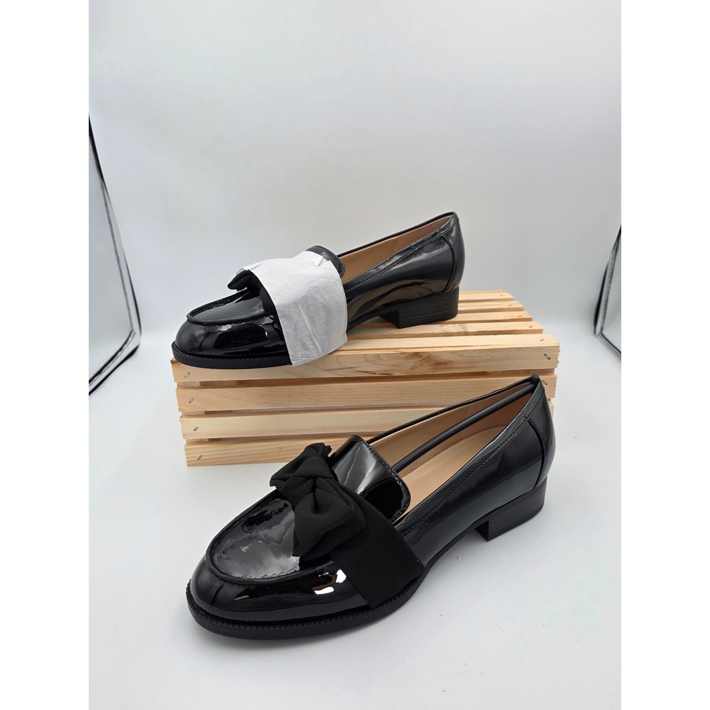 Bandolino Loafers Women 7.5W Black Patent Bow Slip On Flat Shoes Professional